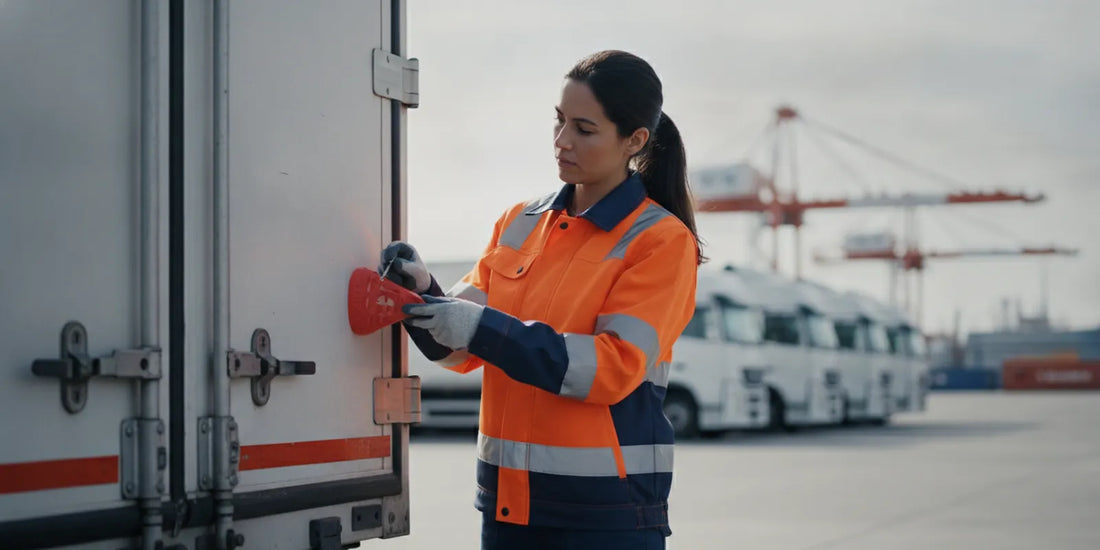 Logistics worker checking a numbered security seal on a cargo trailer door