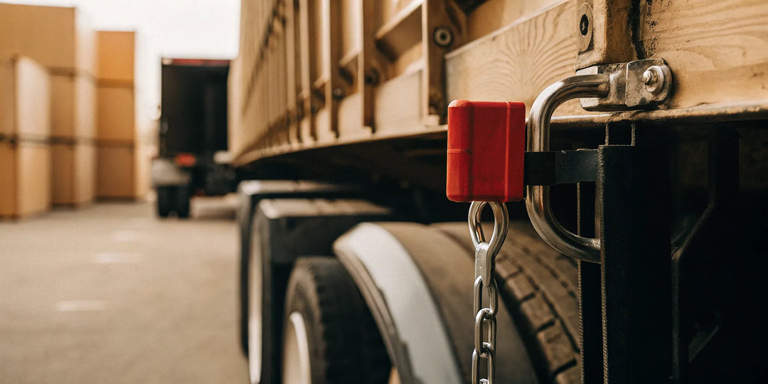Red kingpin trailer lock secured on a semi-trailer in a logistics yard with high-security bolt seals