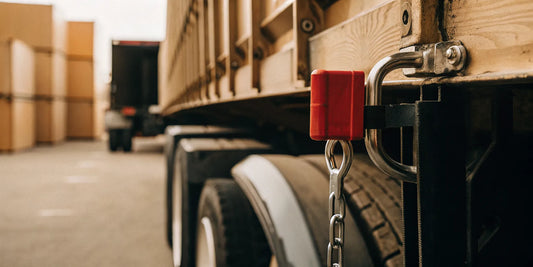 Red kingpin trailer lock secured on a semi-trailer in a logistics yard with high-security bolt seals