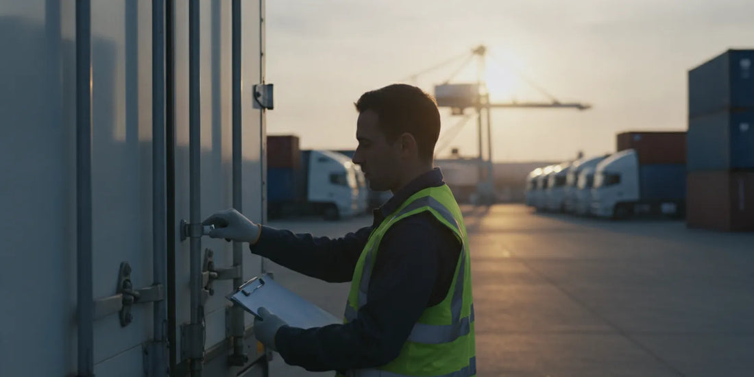 Worker applying a serialized security seal to a closed trailer door before dispatch