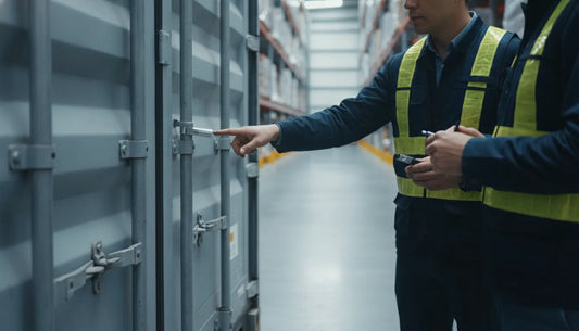Logistics supervisor teaching workers to inspect a cargo security seal