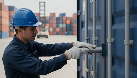 Worker applying a high-security bolt seal to a shipping container