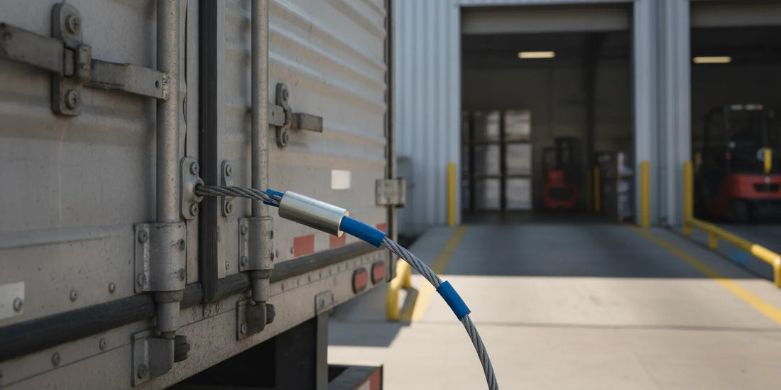 A heavy duty cable seal securing a commercial cargo door before shipment