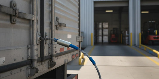 A heavy duty cable seal securing a commercial cargo door before shipment