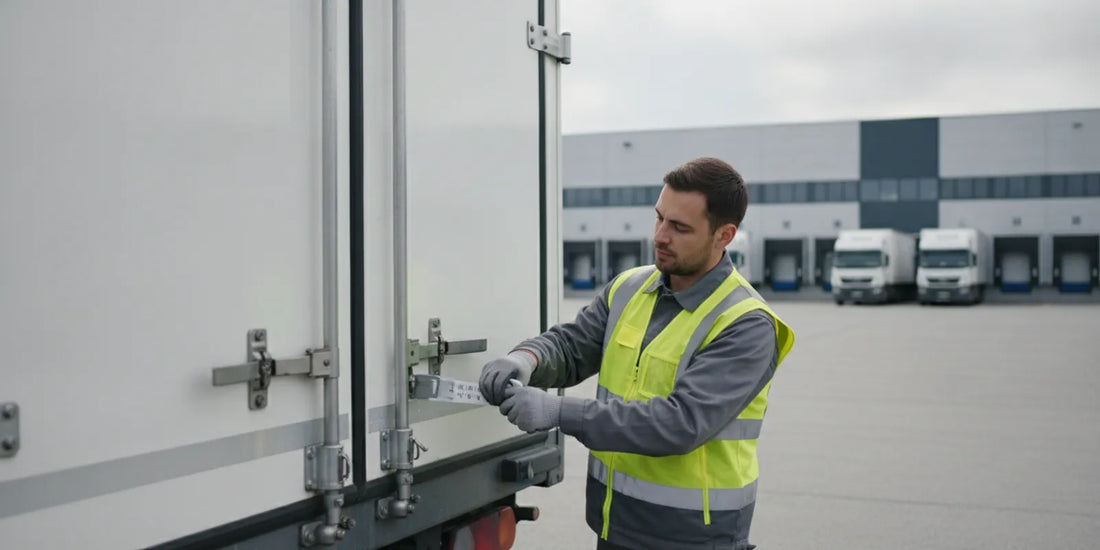 A logistics worker applying a numbered security seal to a closed trailer door before dispatch.