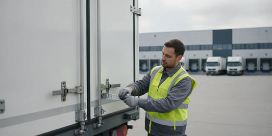 A logistics worker applying a numbered security seal to a closed trailer door before dispatch.